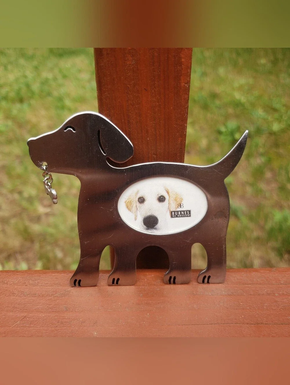 2003 Burnes Of Boston Small Silver Dog Magnetic Frame - Dog Has Dangling Bone In